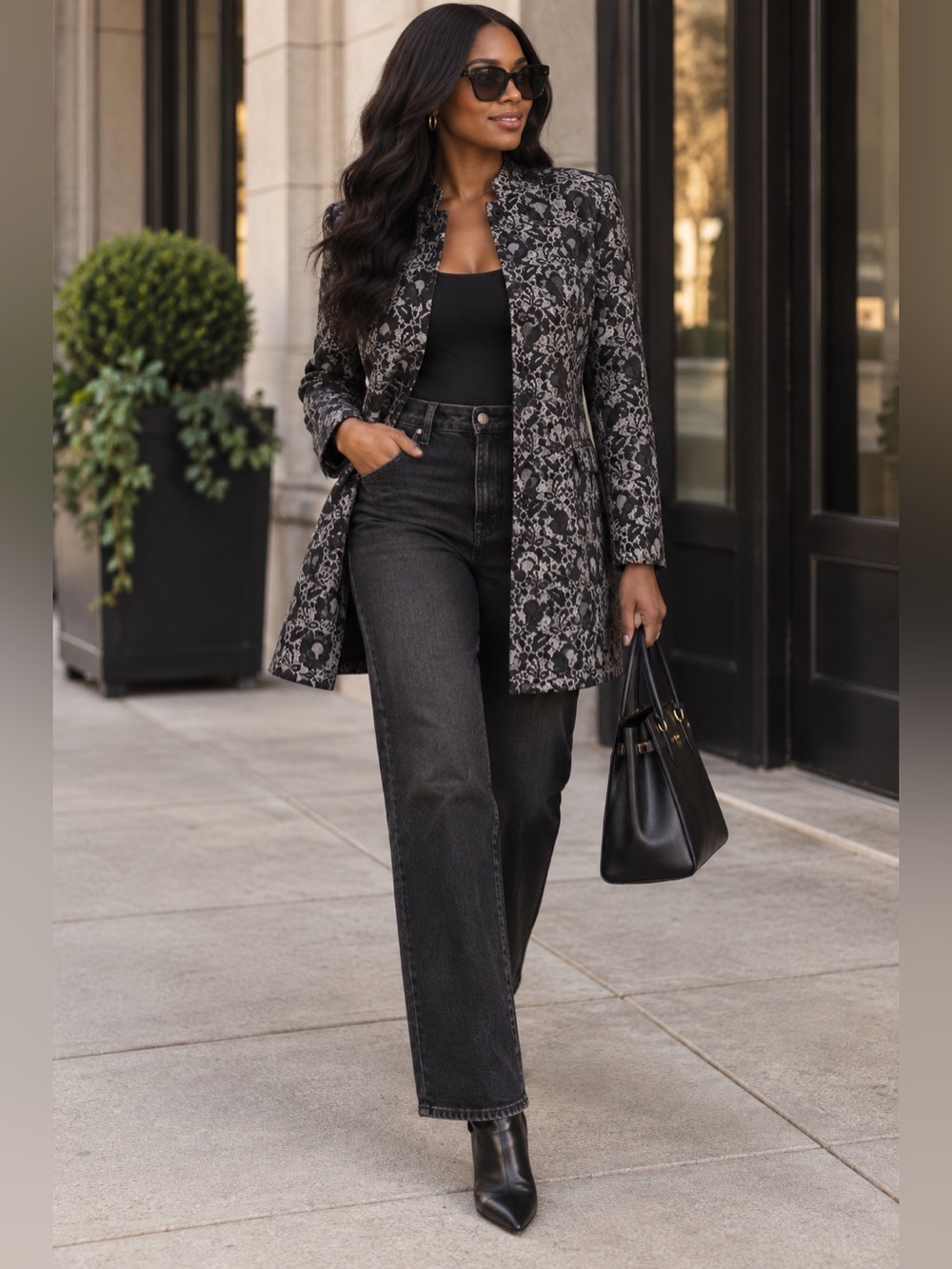 Cabi Black Lace Print Longline Blazer Jacket Size M Shoulder Pads Button Front
